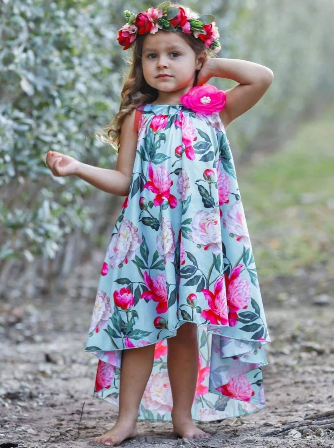 Girls Spring sleeveless satin hi-lo dress features an all-over floral print and flower applique - Girls Spring Dressy Dress