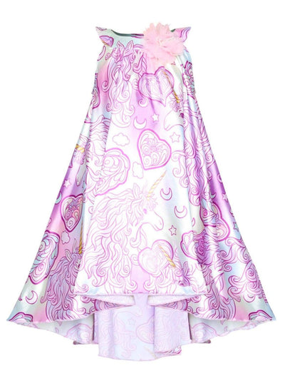 Girls Spring sleeveless satin hi-lo dress features an all-over unicorn print and flower applique - Girls Spring Dressy Dress