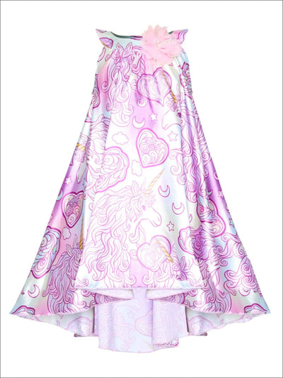 Girls Satin Hi-Lo Circle Neck Twirl Dress with Flower Trim - Girls Spring Dressy Dress