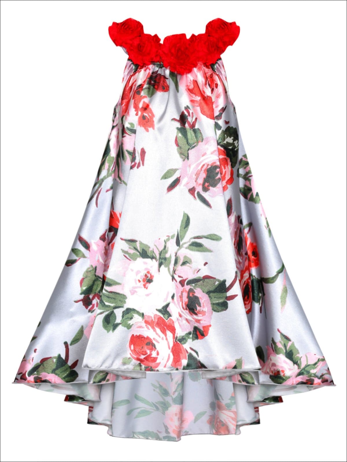 Girls Satin Hi-Lo Circle Neck Twirl Dress with Flower Trim - Girls Spring Dressy Dress