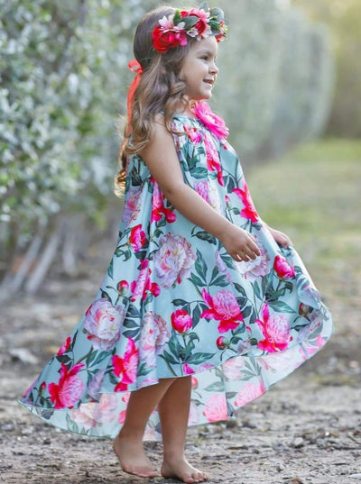 Girls Spring sleeveless satin hi-lo dress features an all-over floral print and flower applique - Mint / 2T/3T - Girls Spring Dressy Dress