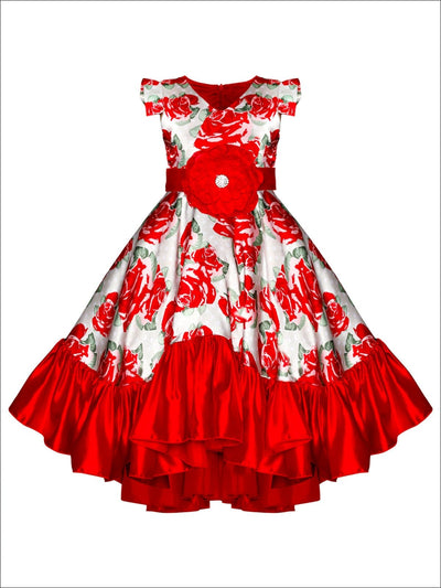Girls Satin Printed Flutter Sleeve V-Neck Hi-Lo Dress with Ruffled Hem - Red / 2T/3T - Girls Fall Dressy Dress