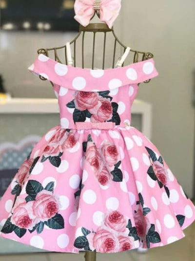 Girls Satin Rose Polka Dot Dress - Pink / 2T - Girls Spring Dressy Dress