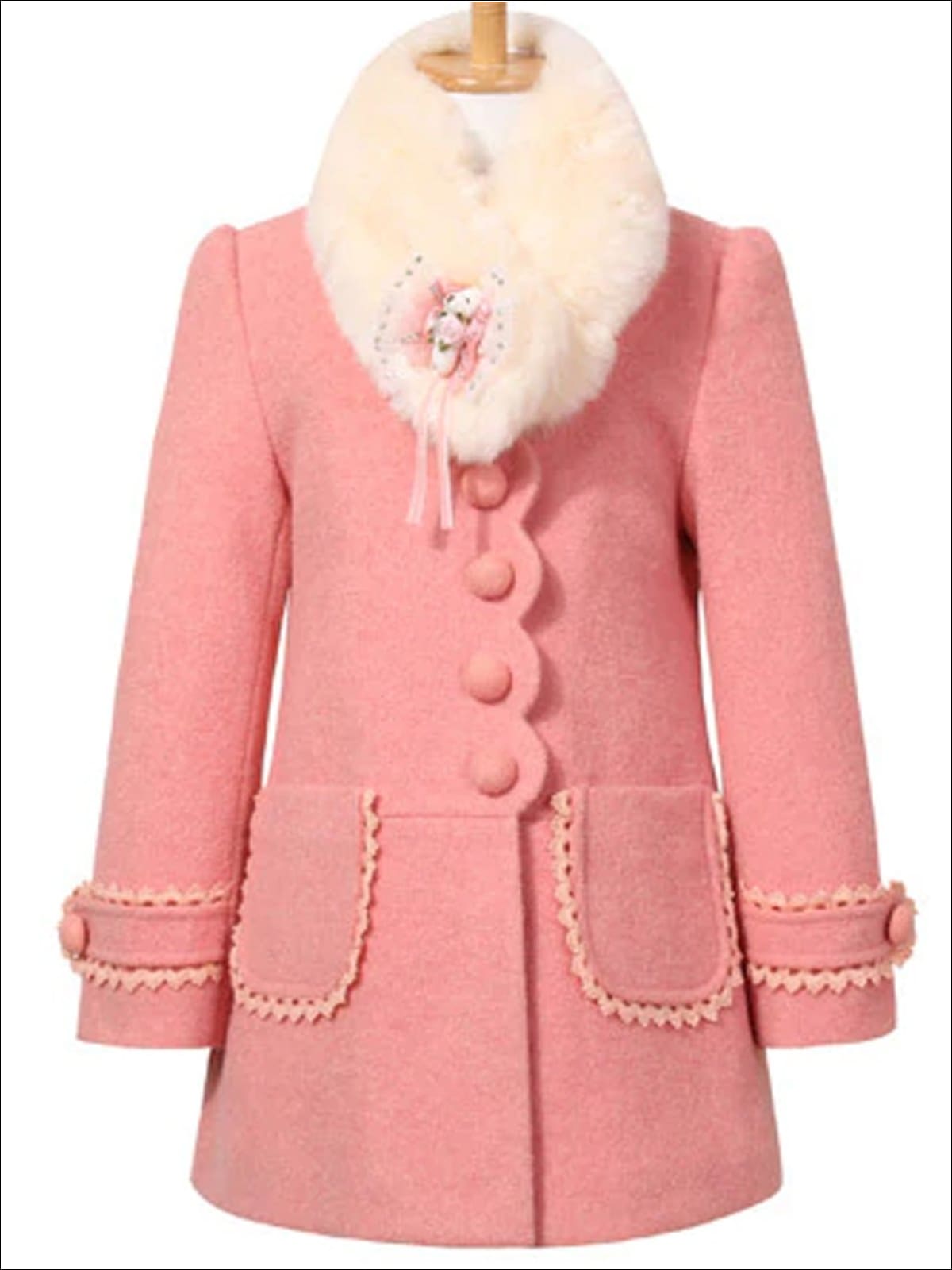 Girls Scalloped Lace Trimmed Fall Coat with Faux Fur Collar (Pink & Red) - Girls Jacket