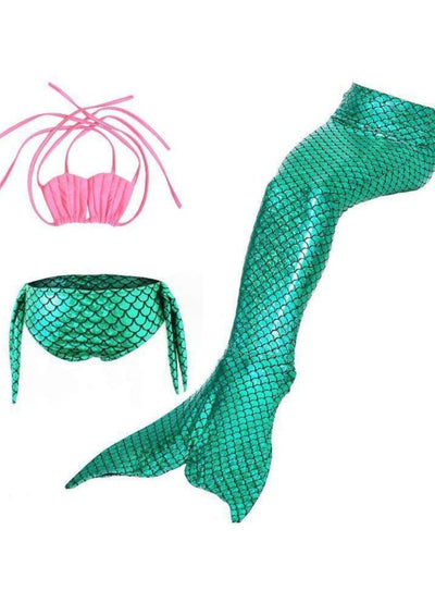 Girls Seashell & Mermaid Tail Swimsuit (Monofin Included) - Green/ Pink / 4T / Mermaid - Mermaid Tail Swimsuit