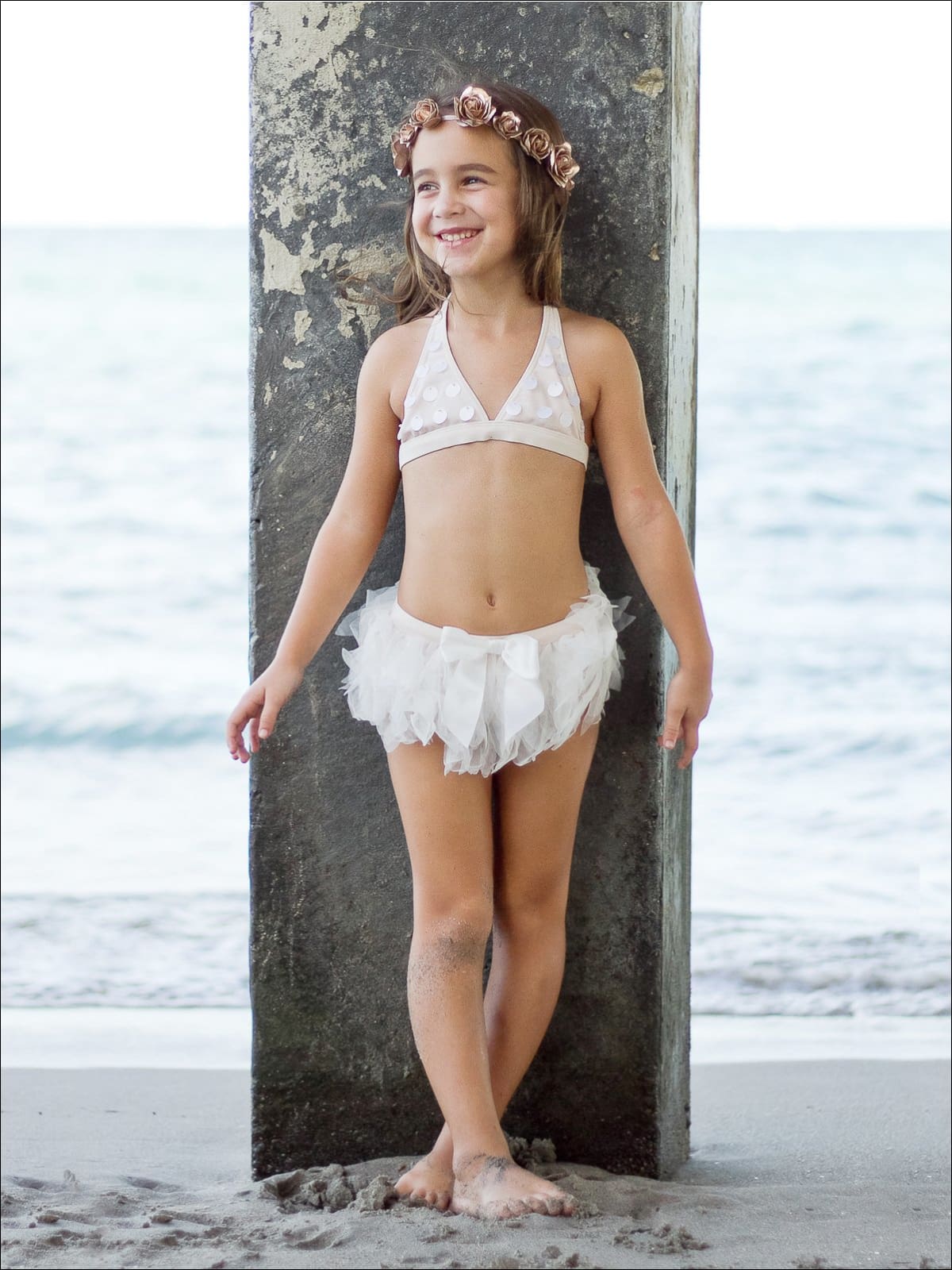 Girls Seashell Sequin Halter & Mesh Skirted Bikini with Bow Detail - Girls Two Piece Swimsuit