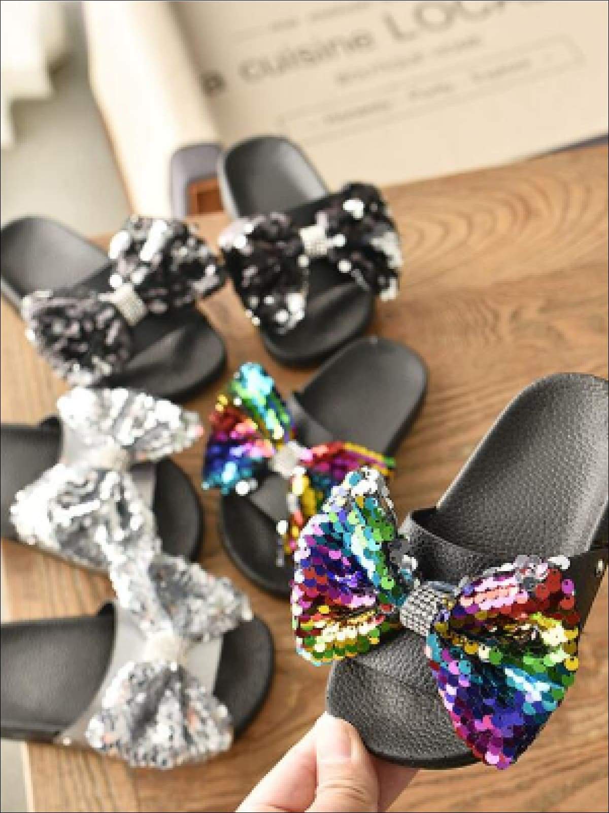 Mia Belle Girls Sequin Bow Slides | Shoes By Liv And Mia