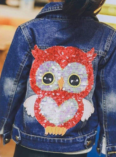 Girls Sequin Owl Applique Denim Jacket - Girls Jacket