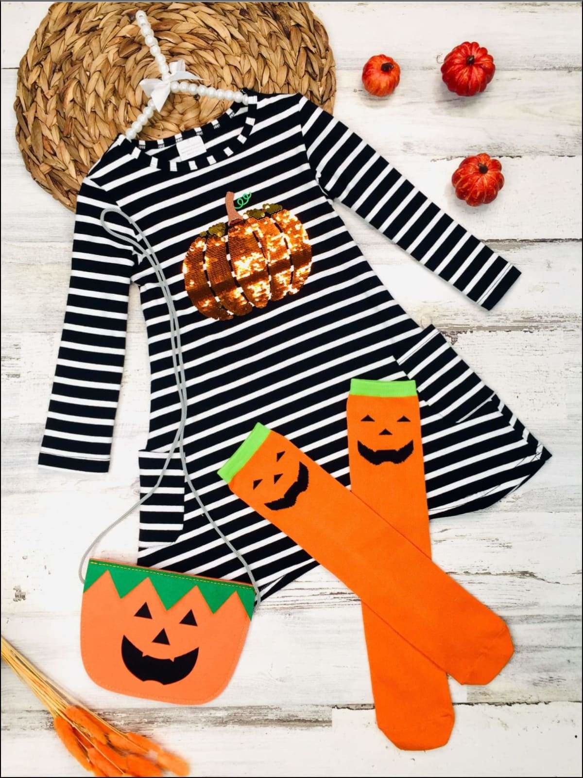 Girls Sequin Pumpkin Pocket Dress with Purse & Knee High Socks - Black / 3T - Girls Fall Casual Dress