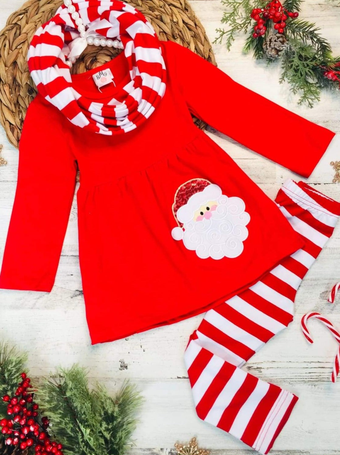 Toddler Christmas Outfits | Striped Santa Tunic, Legging & Scarf Set