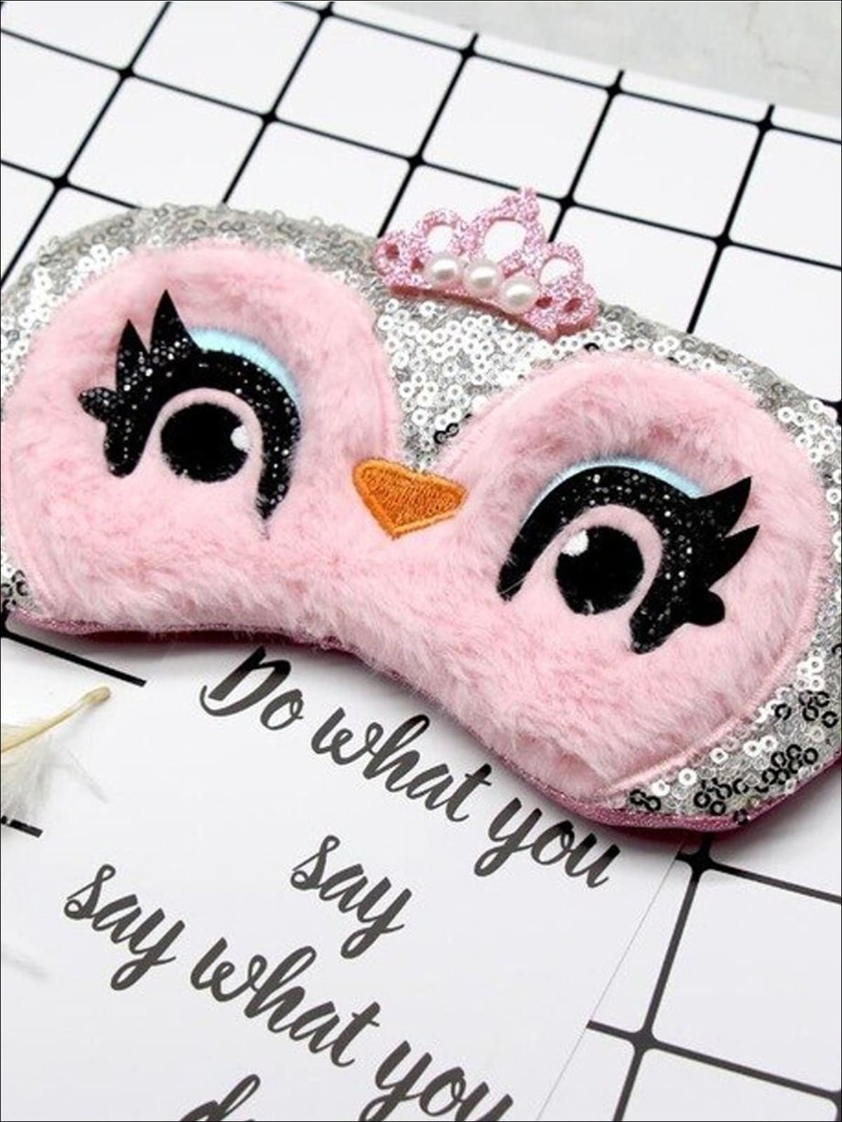 Girls Sequined Plush Owl With Crown Eye Mask - Pink - Girls Accessories