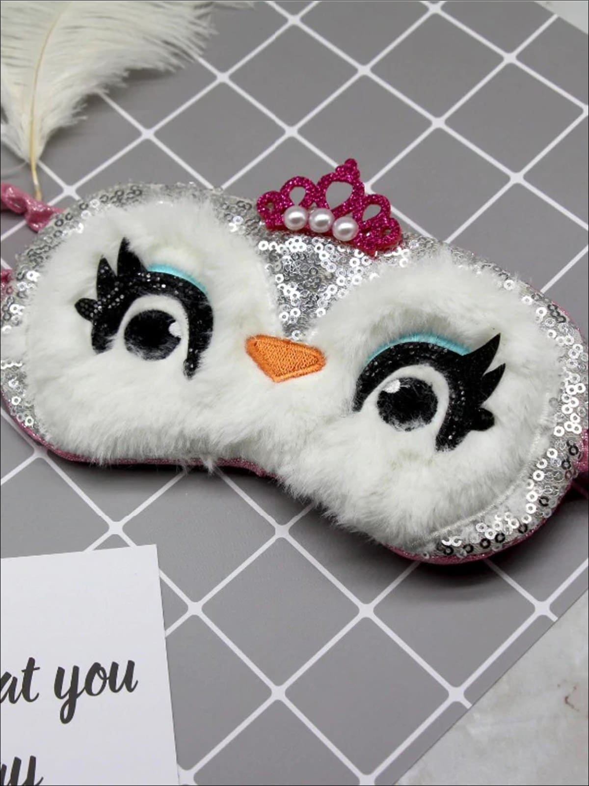 Girls Sequined Plush Owl With Crown Eye Mask - White - Girls Accessories