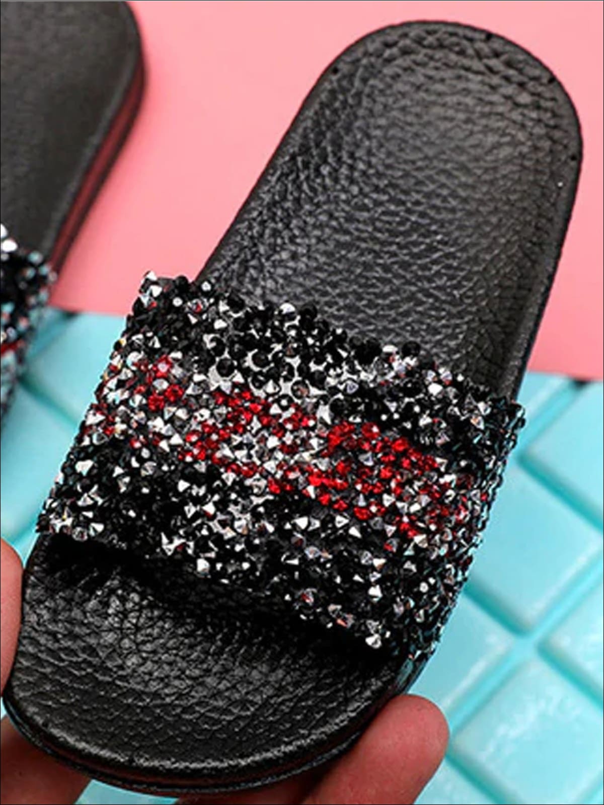 Girls Sequined Sparkling Flip Flops - Black / 7 - Girls Slides