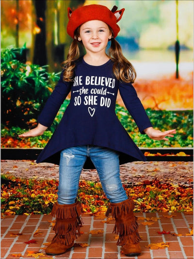 Girls She Believed She Could So She Did Hi-Lo Long Sleeve Graphic Statement Top - Girls Fall Top