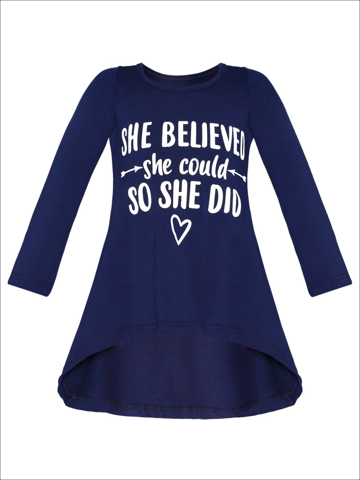 Girls She Believed She Could So She Did Hi-Lo Long Sleeve Graphic Statement Top - Navy / 2T/3T - Girls Fall Top