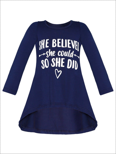 Girls She Believed She Could So She Did Hi-Lo Long Sleeve Graphic Statement Top - Navy / 2T/3T - Girls Fall Top