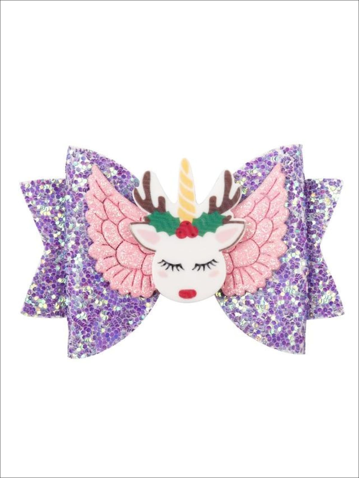 Girls Shiny Glitter Elk Unicorn Hair Bow - Purple - Hair Accessories