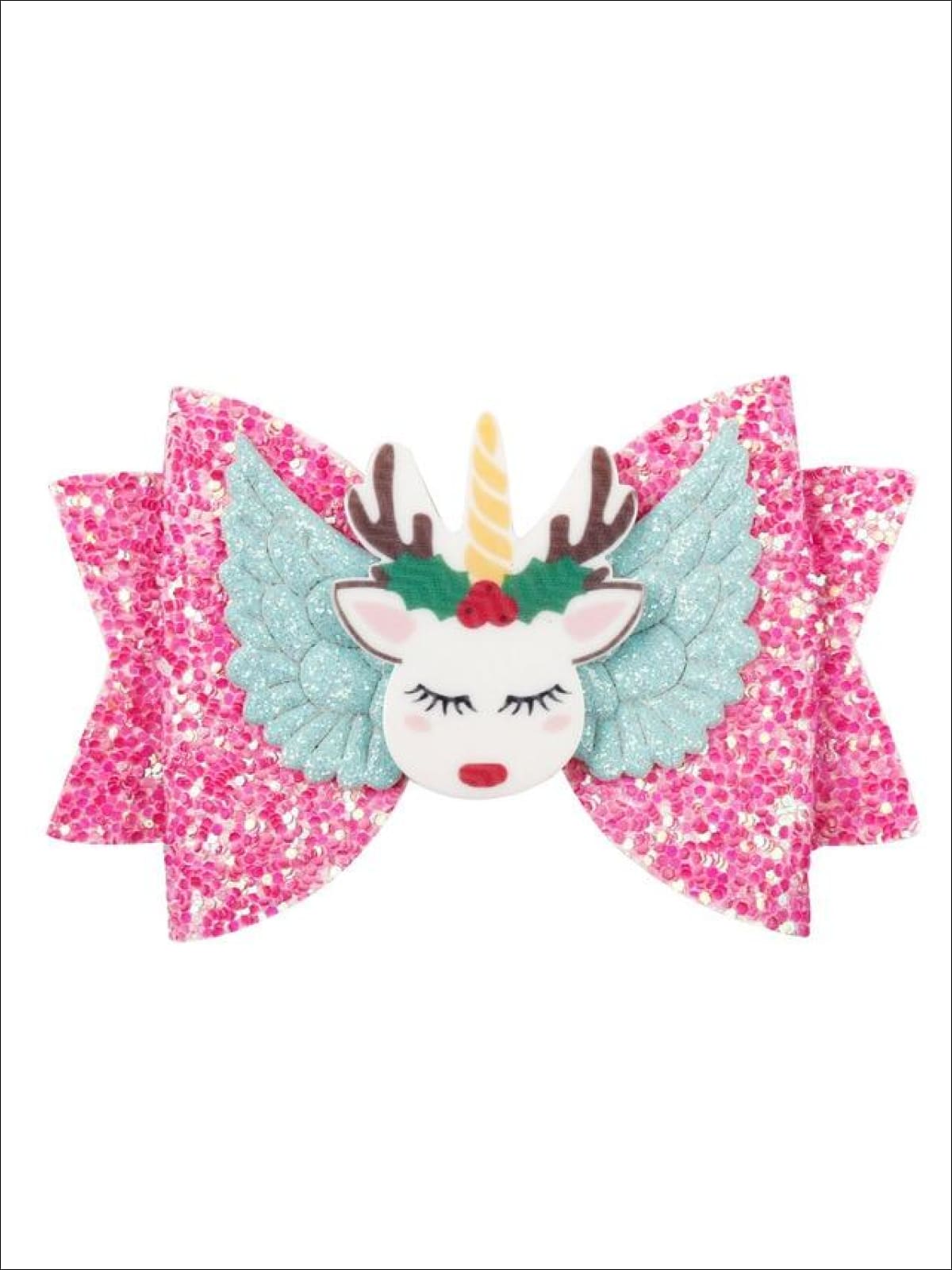 Girls Shiny Glitter Elk Unicorn Hair Bow - Red - Hair Accessories
