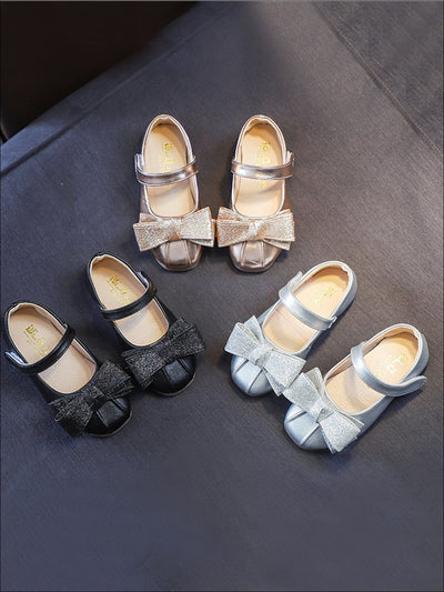 Girls Shiny Leather Flats with Glitter Bow - Girls Flats