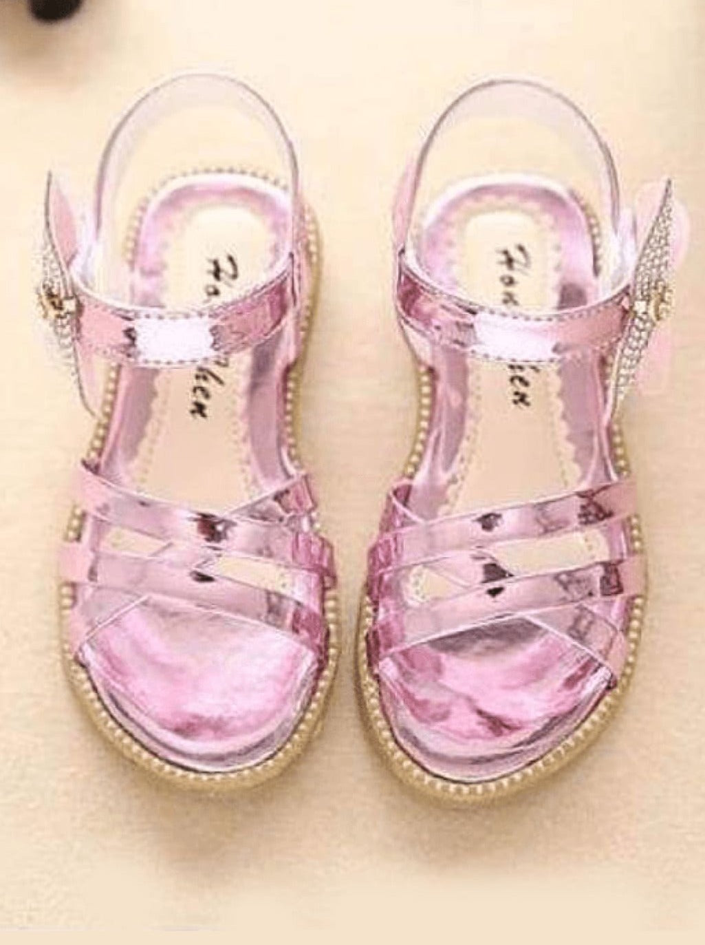 Little Girls Shiny Metallic Butterfly Velcro Sandals - Mia Belle Girls