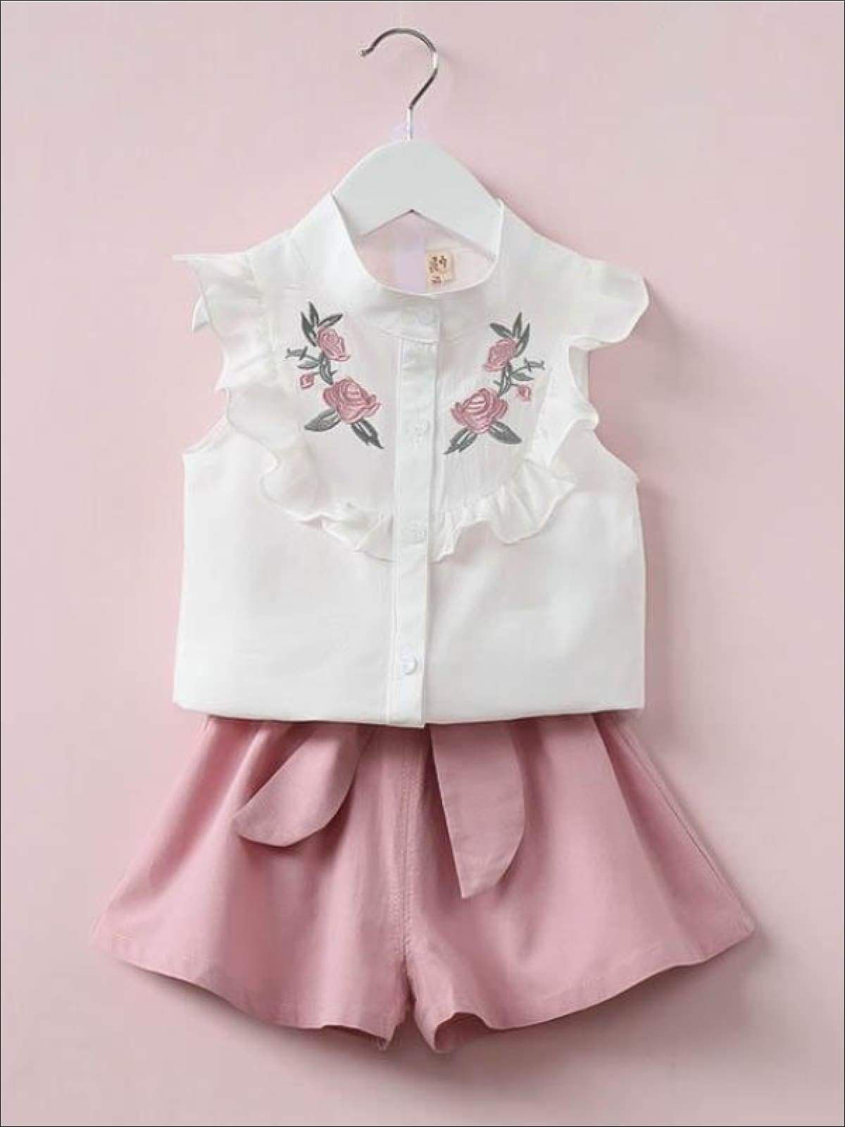 Girls Short Sleeve Floral Embroidered Top & Bow Tie Short Set - Girls Spring Casual Set