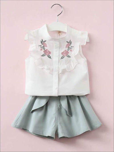 Girls Short Sleeve Floral Embroidered Top & Bow Tie Short Set - Girls Spring Casual Set