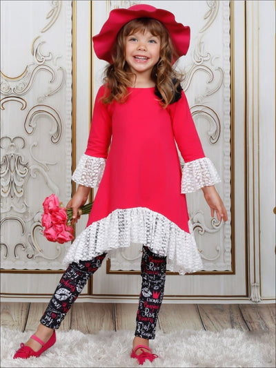 Kids Valentine's Clothes | Girls Side Tail Lace Tunic & Legging Set