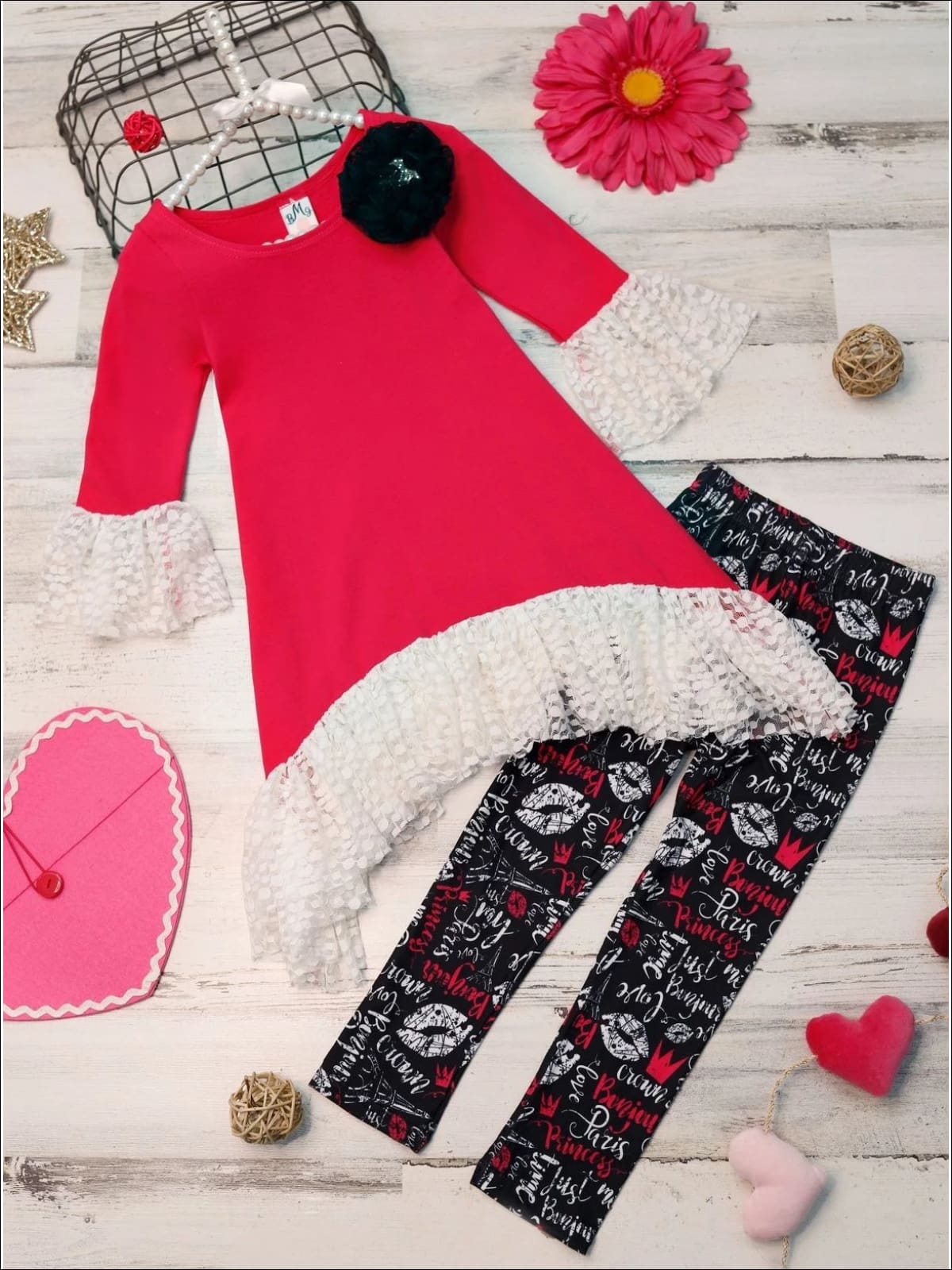 Kids Valentine's Clothes | Girls Side Tail Lace Tunic & Legging Set