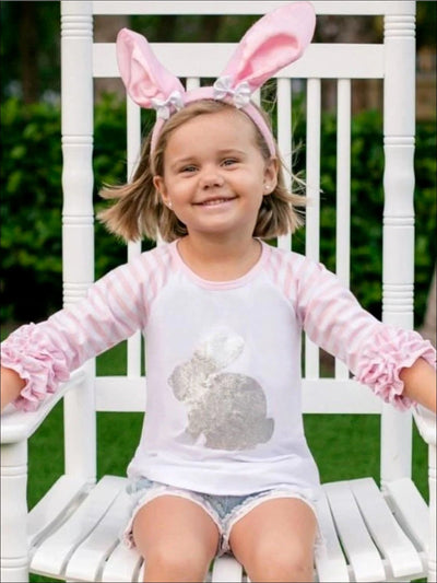 Girls Silver Bunny Printed 3/4 Ruffled Sleeve Top  - Pink/White / 2T - Girls Spring Top