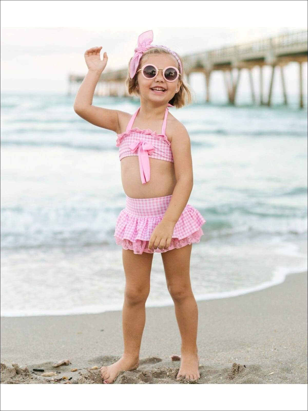 Girls Skirted Gingham Halter with Bow Detail & Eyelet Trim Swimsuit - Girls Two Piece Swimsuit