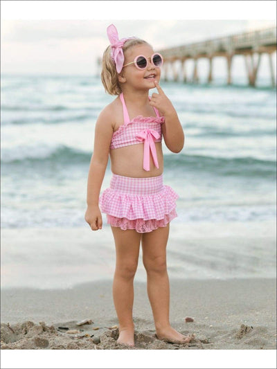 Girls Skirted Gingham Halter with Bow Detail & Eyelet Trim Swimsuit - Girls Two Piece Swimsuit