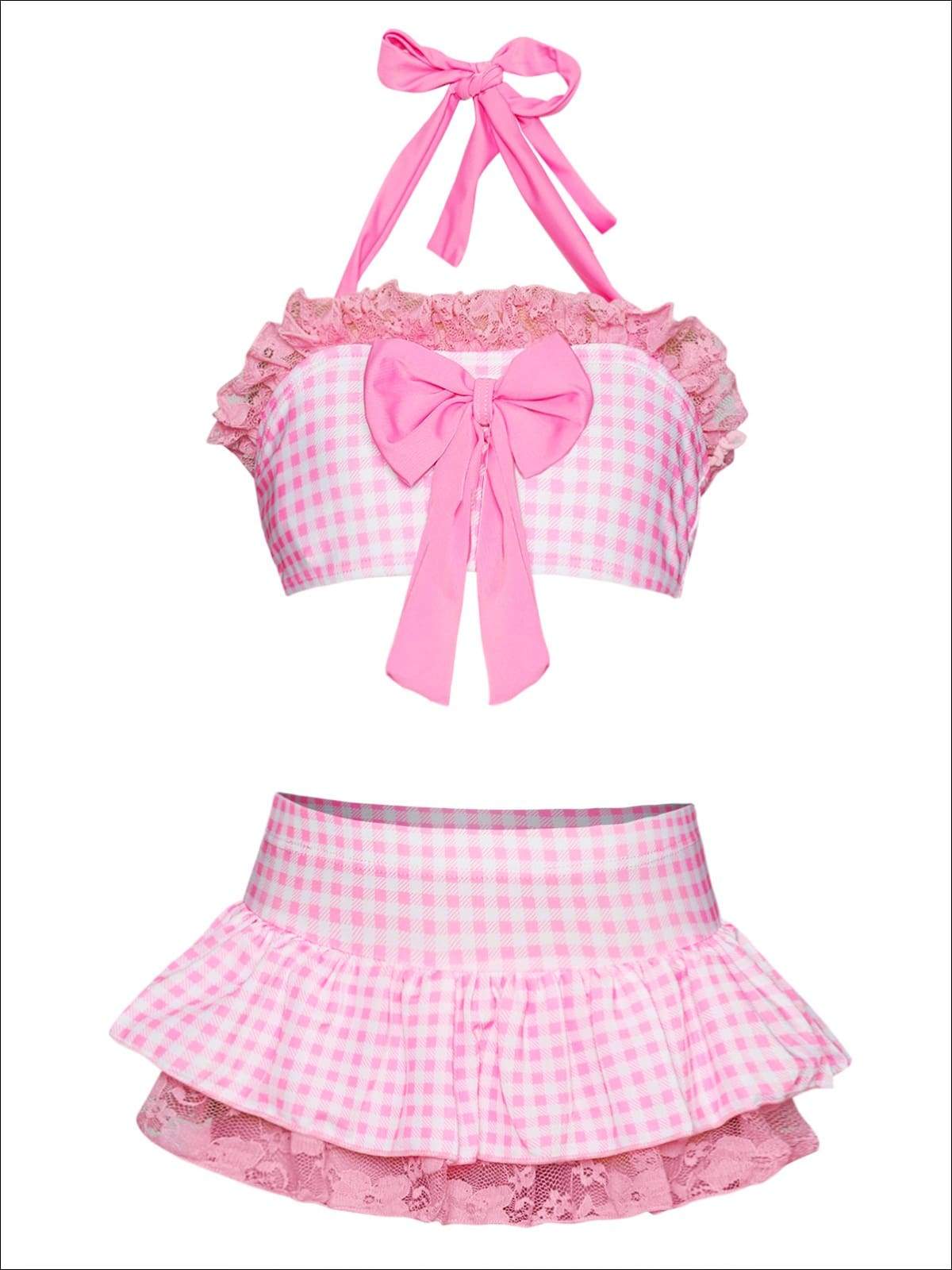 Girls Skirted Gingham Halter with Bow Detail & Eyelet Trim Swimsuit - Pink / 2T/3T - Girls Two Piece Swimsuit