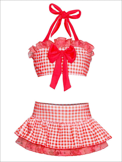 Girls Skirted Gingham Halter with Bow Detail & Eyelet Trim Swimsuit - Red / 2T/3T - Girls Two Piece Swimsuit