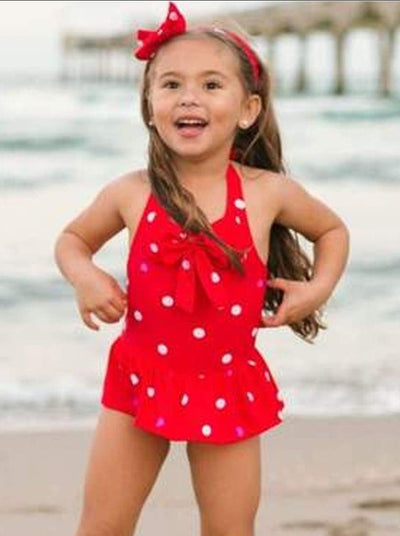 Girls Skirted Polka Dot & Heart One Piece Halter Swimsuit with Matching Headband - Girls One Piece Swimsuit