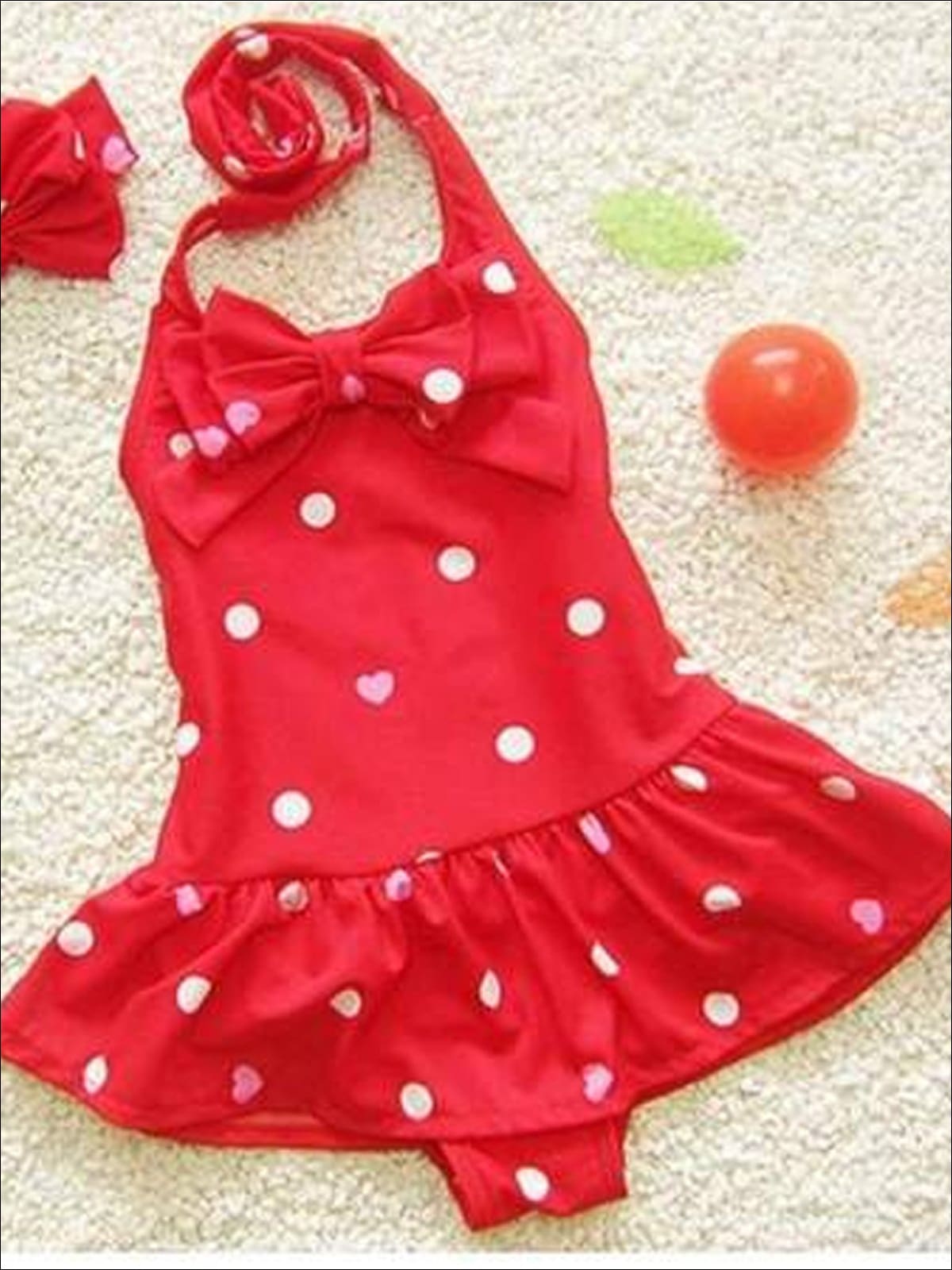 Girls Skirted Polka Dot & Heart One Piece Halter Swimsuit with Matching Headband - Girls One Piece Swimsuit