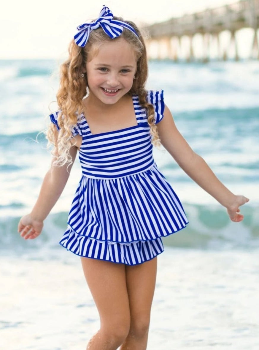 Kids Resort Wear | Girls Skirted Striped Skirted Two Piece Swimsuit