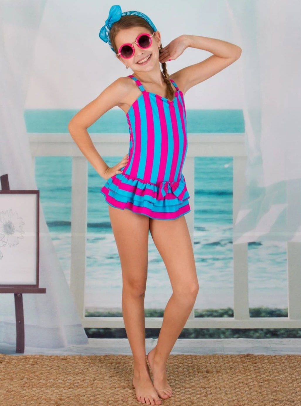 Girls Skirted Striped One Piece Swimsuit - Girls One Piece Swimsuit