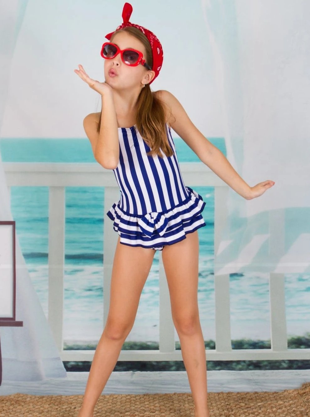 Girls Skirted Striped One Piece Swimsuit - Navy / 6Y/7Y - Girls One Piece Swimsuit