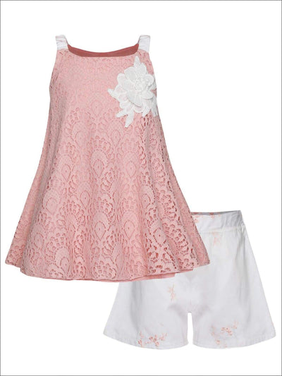 Girls Sleeveless Lace Trimmed Swing Top & Bow Shorts Set - Pink / 2T/3T - Girls Spring Casual Set