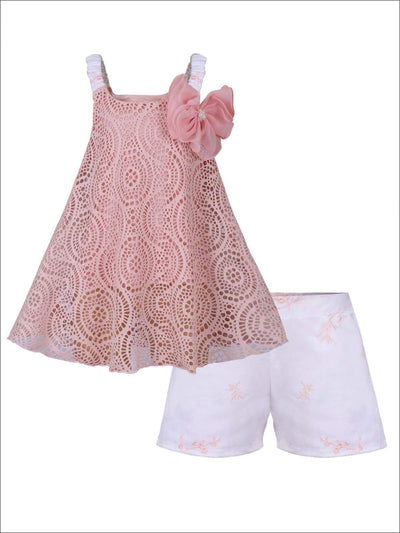 Girls Sleeveless Appliqued Lace Swing Top & Shorts Set - Pink / 2T/3T - Girls Spring Casual Set