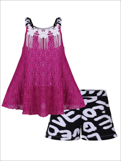 Girls Sleeveless Lace Trimmed Swing Top & Bow Shorts Set - Fuchsia / 2T/3T - Girls Spring Casual Set