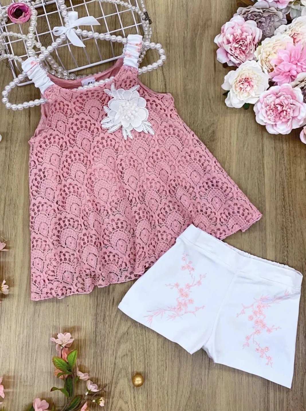 Girls Sleeveless Appliqued Lace Swing Top & Shorts Set - Girls Spring Casual Set