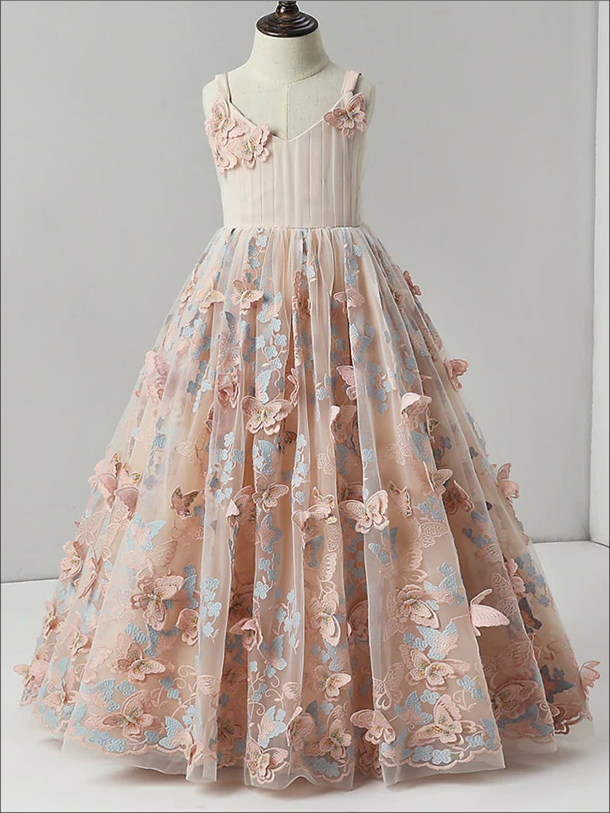 Girls Sleeveless Butterfly Applique Maxi Flower Girl Dress - Girls Gown