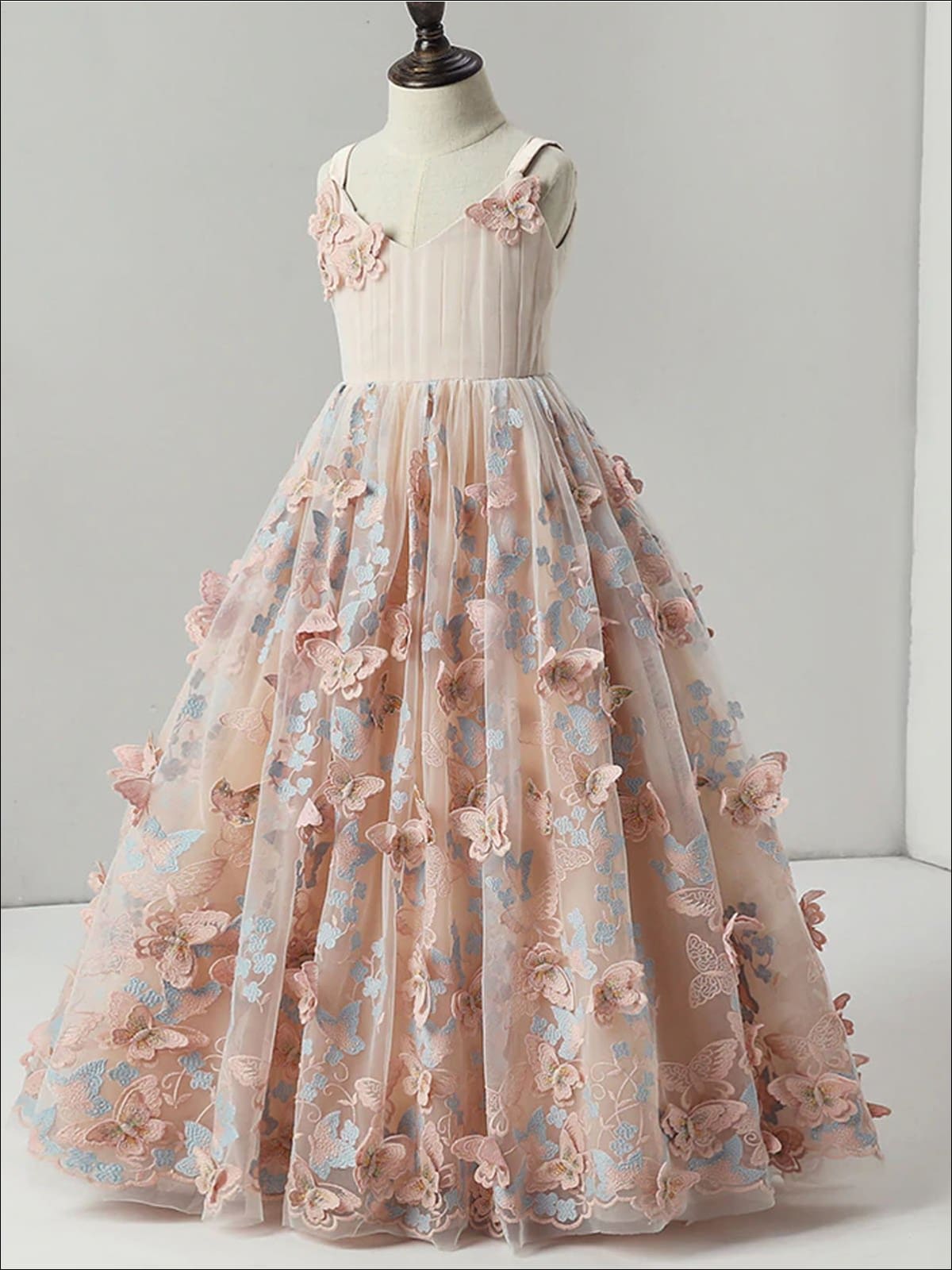 Girls Sleeveless Butterfly Applique Maxi Flower Girl Dress - Pink / 2T - Girls Gown