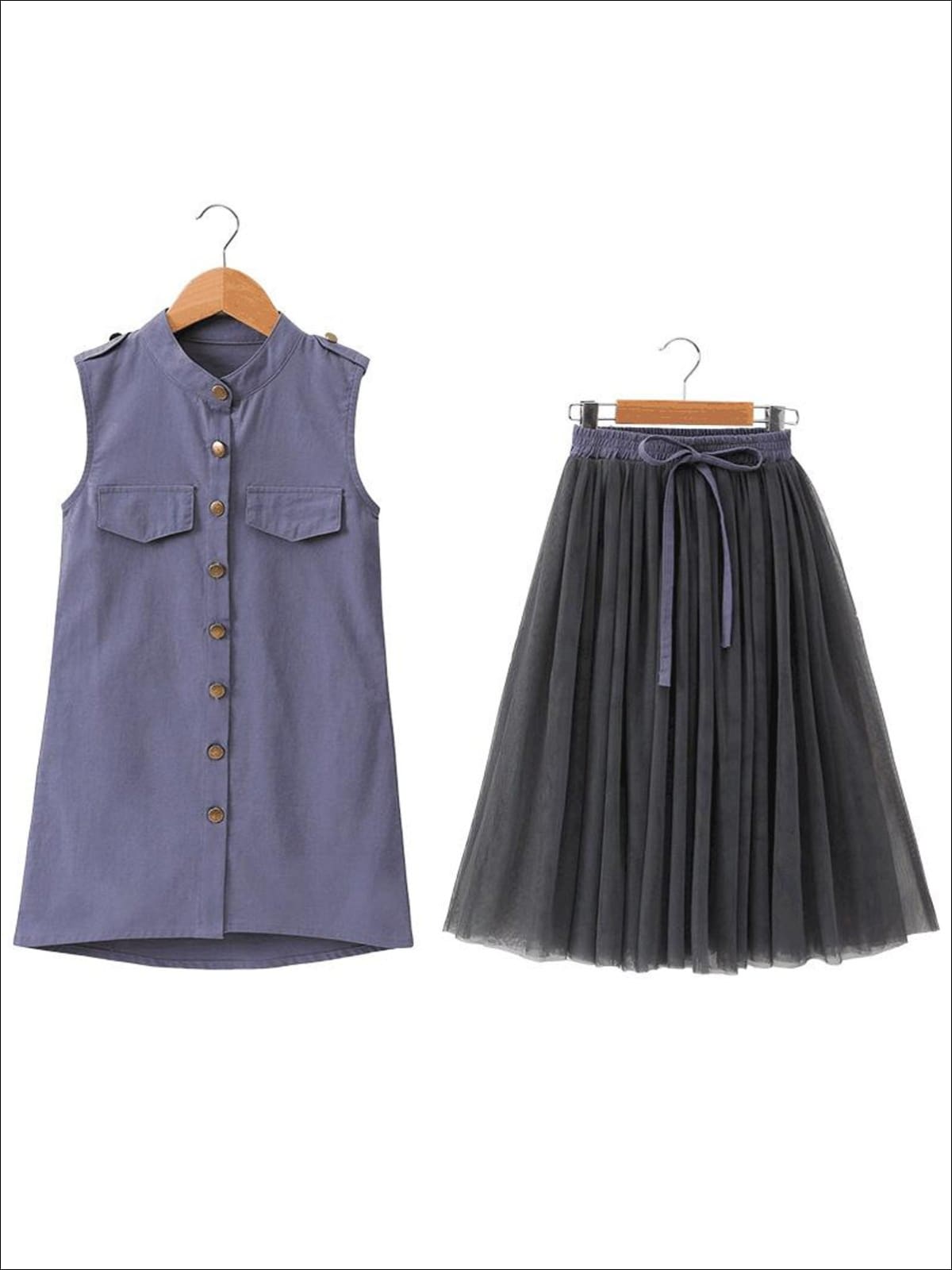 Girls Sleeveless Button Down Tunic & Tulle Skirt Set - Girls Spring Casual Set - Mia Belle Girls 