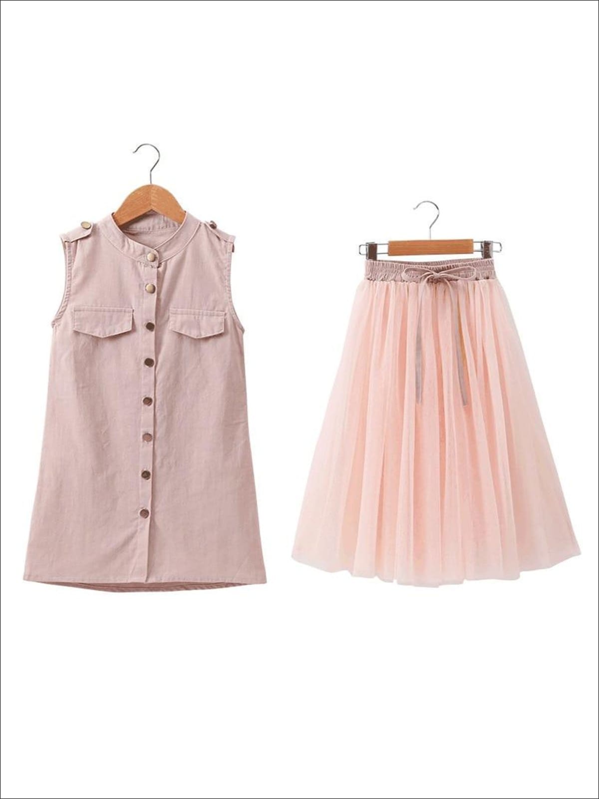 Girls Sleeveless Button Down Tunic & Tulle Skirt Set - Girls Spring Casual Set - Mia Belle Girls 