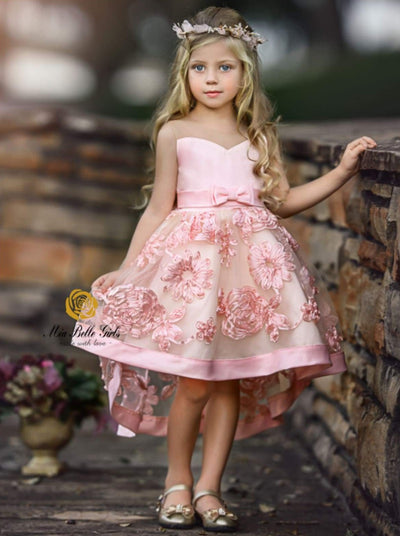 Girls Pink Sleeveless Embroidered Chiffon Hi-Low Special Occasion Dres ...