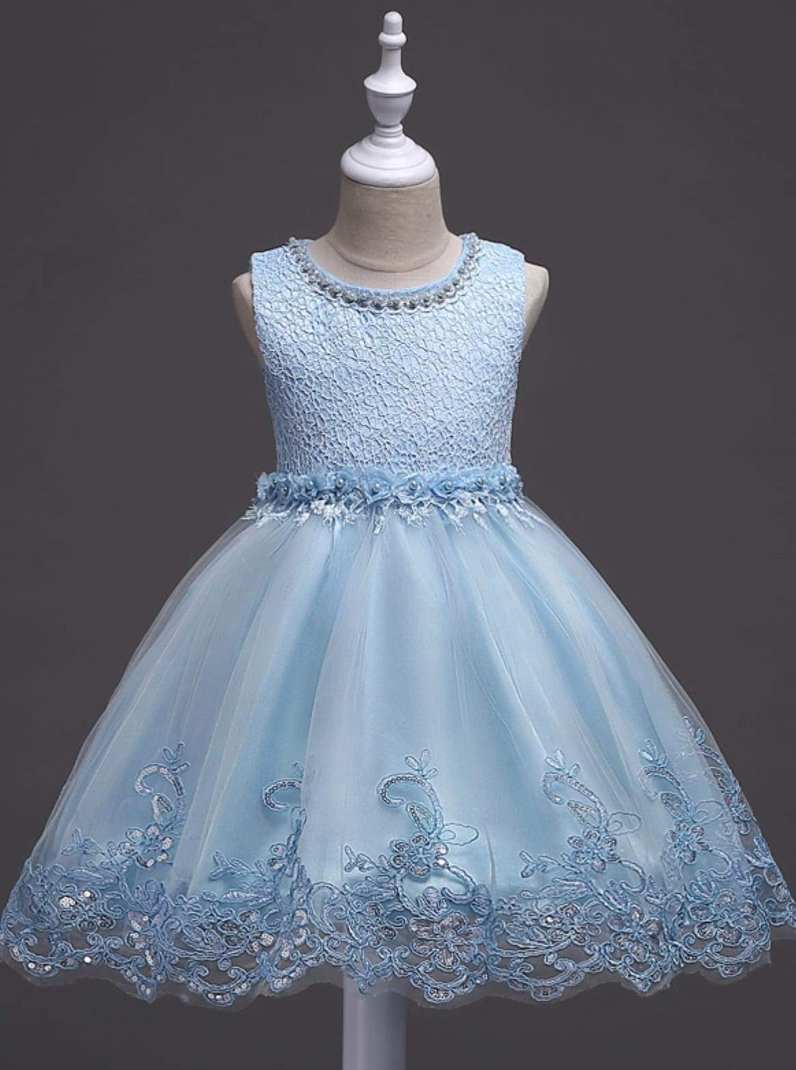 Girls sleeveless Embroidered Rose Pearl Flower Girl & Special Occasion Party Dress - Blue / 3T - Girls Spring Dressy Dress