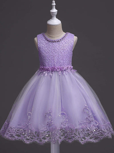 Girls sleeveless Embroidered Rose Pearl Flower Girl & Special Occasion Party Dress - Lilac / 3T - Girls Spring Dressy Dress