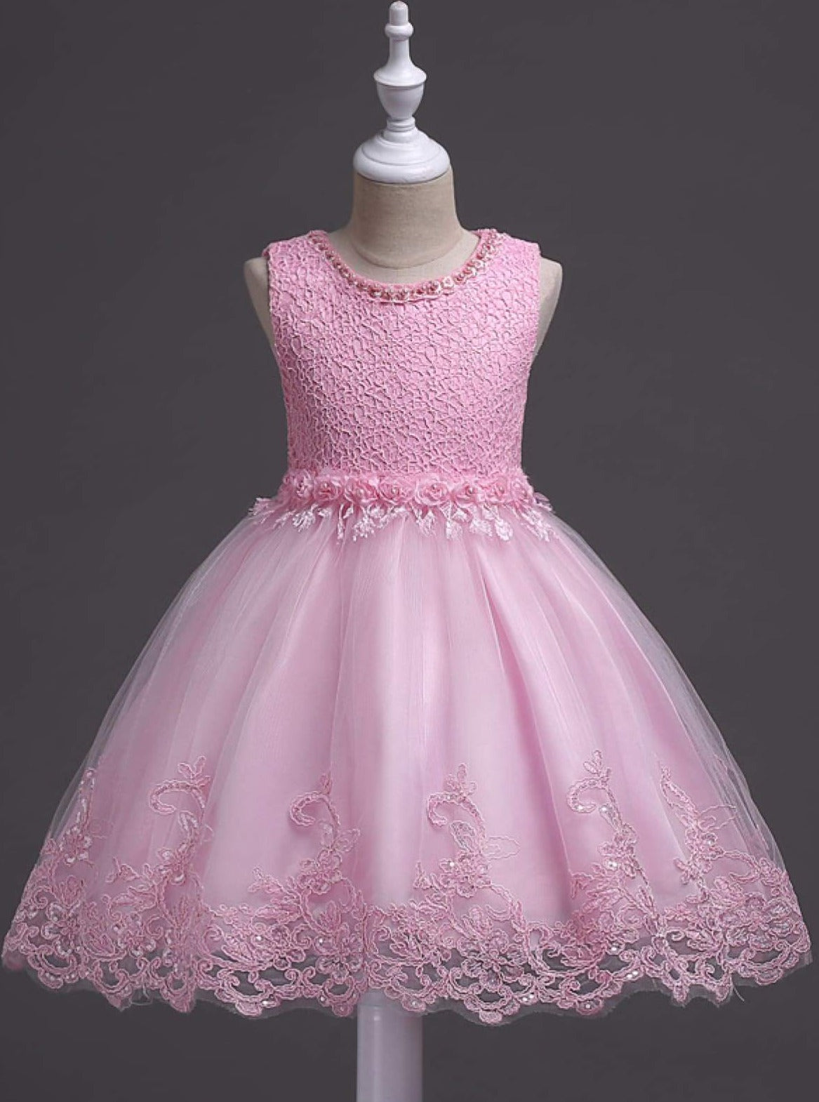 Girls sleeveless Embroidered Rose Pearl Flower Girl & Special Occasion Party Dress - Pink / 3T - Girls Spring Dressy Dress